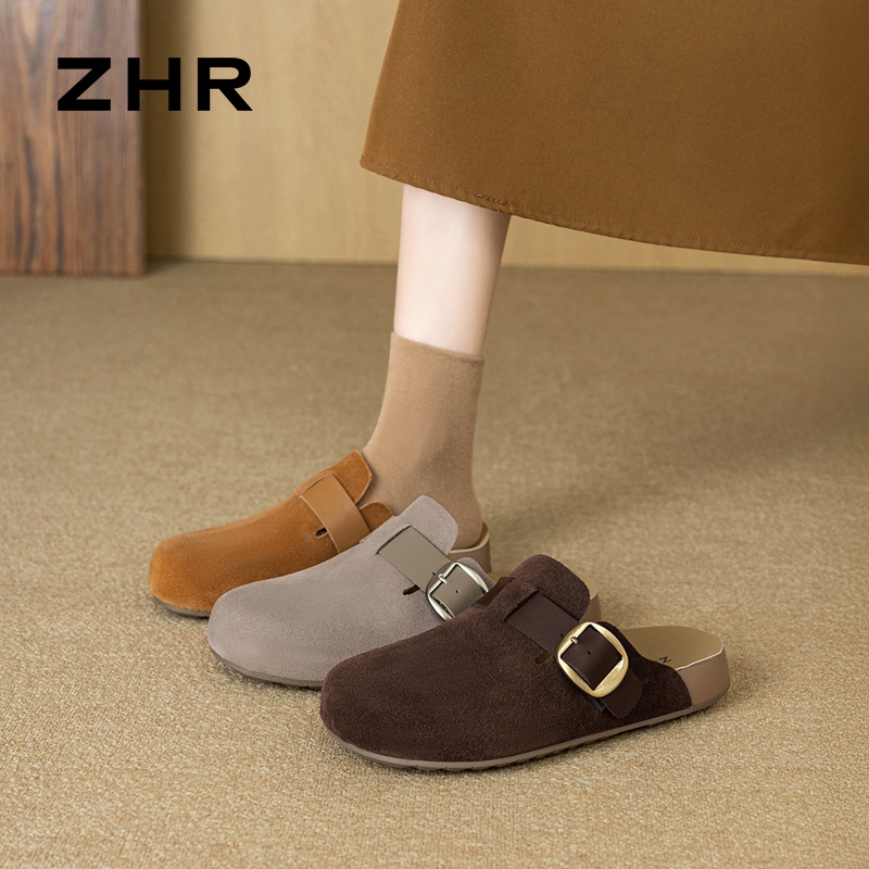 13007944.【ZHR则则】勃肯拖鞋圆头套脚平底女鞋[牛剖层绒面革]