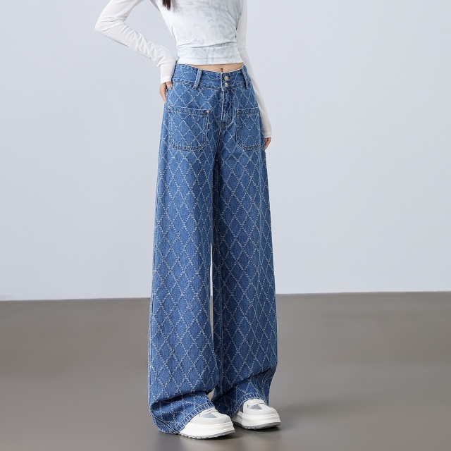 13709595.CHOCOOLATE菱格提花设计感春夏季牛仔裤高腰阔腿长裤