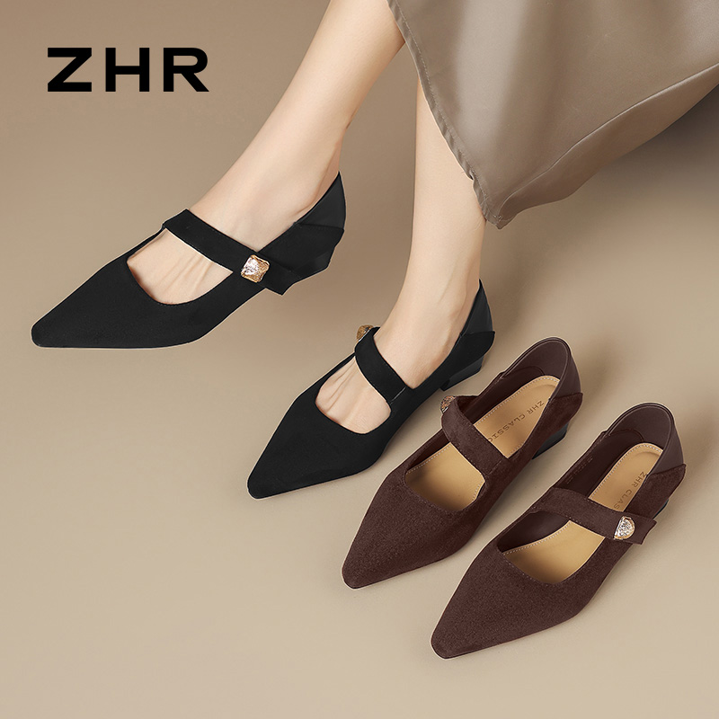 13007901.【ZHR则则】玛丽珍鞋尖头魔术贴粗跟女鞋[绒布+PU]