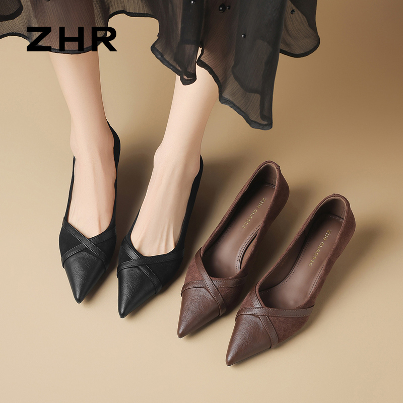 13007997.【ZHR则则】高跟鞋尖头套脚细跟女鞋[绒布+PU]