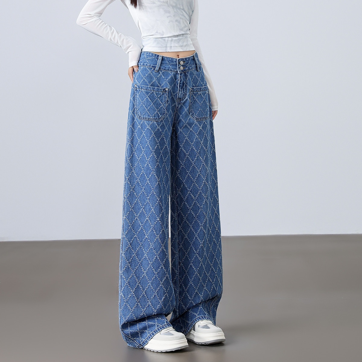 13709595.CHOCOOLATE菱格提花设计感春夏季牛仔裤高腰阔腿长裤