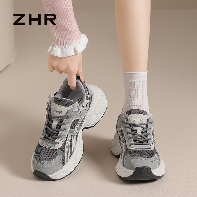 13835959.【ZHR则则】老爹鞋圆头系带拼接厚底女鞋[PU+网布]