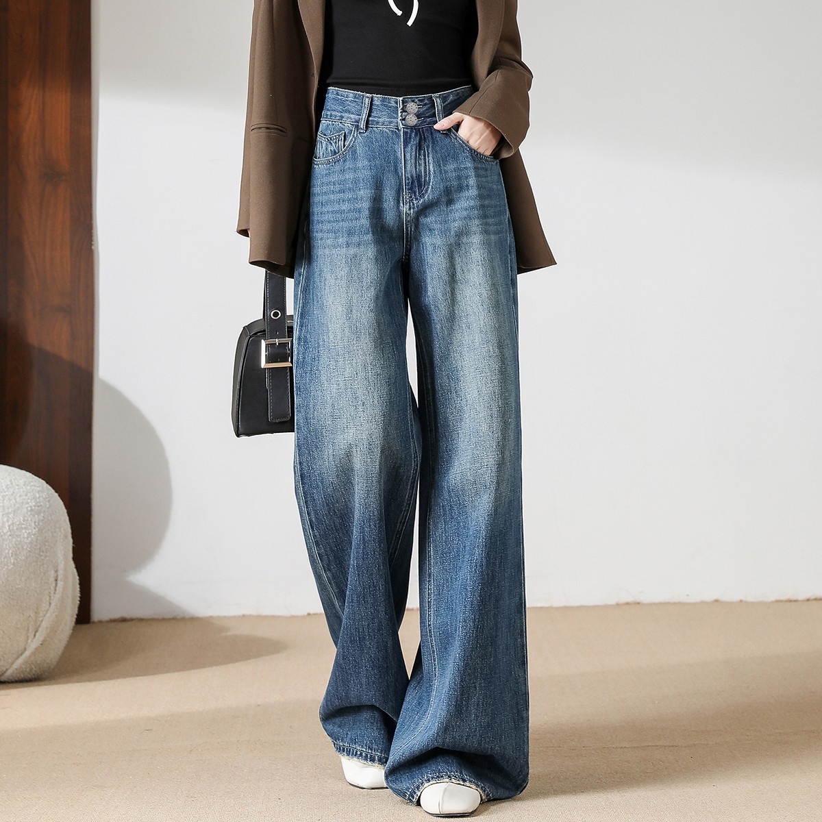 13711039.CHOCOOLATE日常通勤简约牛仔裤高腰宽松直筒阔腿长裤子