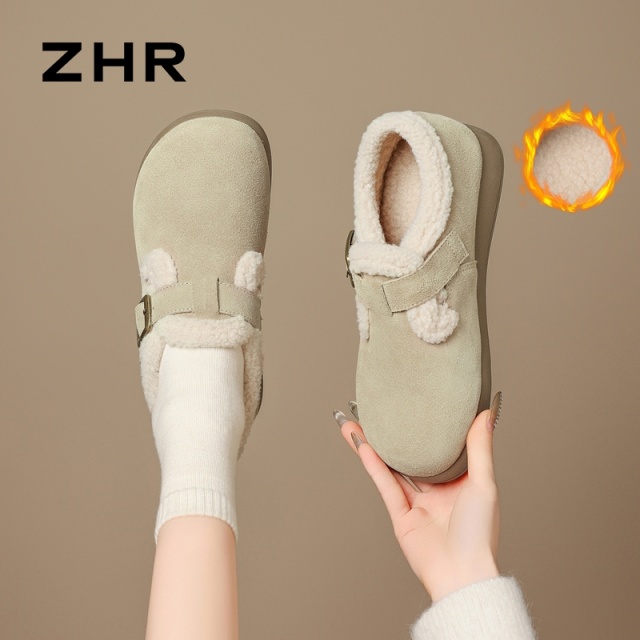 13012937.【ZHR则则】勃肯鞋圆头套脚平底女鞋[牛剖层绒面革+仿羊羔毛]