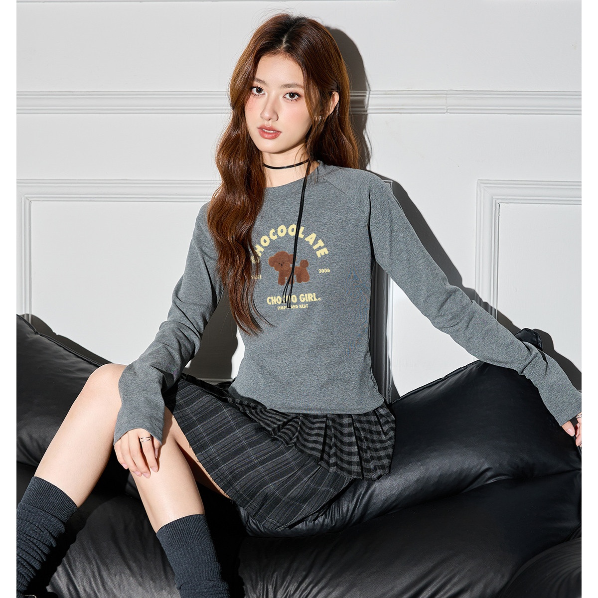13712462.CHOCOOLATE可爱印花圆领长袖t恤内搭打底衫女上衣