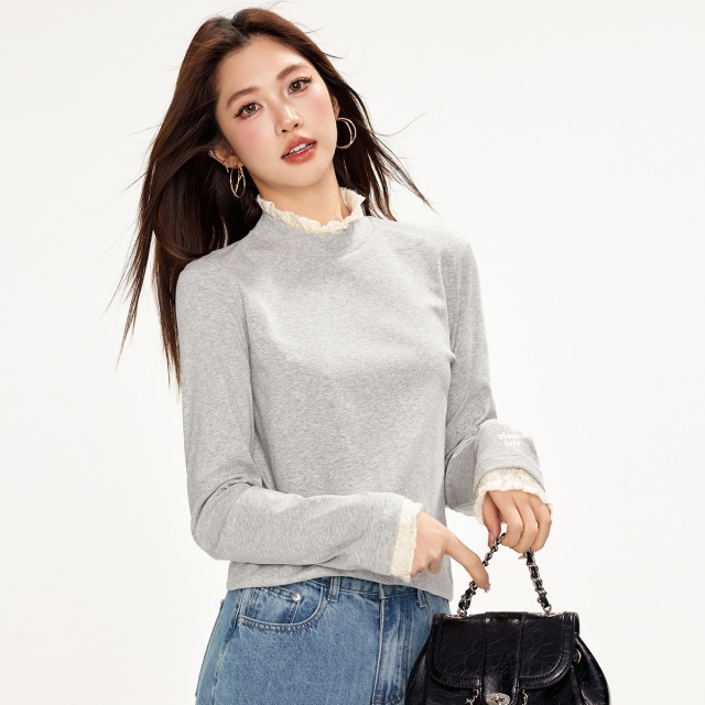 13711687.CHOCOOLATE木耳花边半高领长袖T恤女初春新款内搭上衣