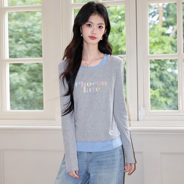 13712201.CHOCOOLATE字母印花拼接撞色假两件长袖t恤打底衫