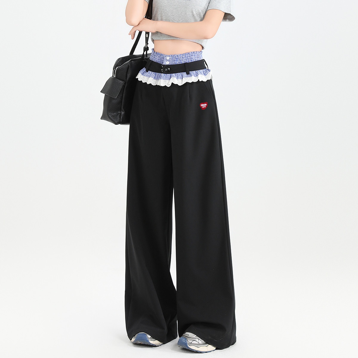 13713333.CHOCOOLATE蓝色格纹拼接花边休闲裤女式夏季宽松阔腿裤