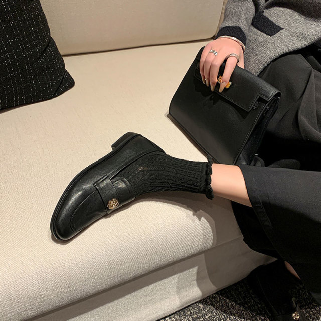13019428.早春新款法式优雅圆头深口单鞋山茶花乐福鞋女鞋