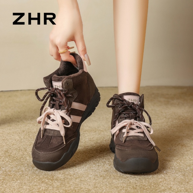 13019032.【ZHR则则】时尚户外靴圆头系带平底女鞋[蒙古绒+猪巴戈+PU]