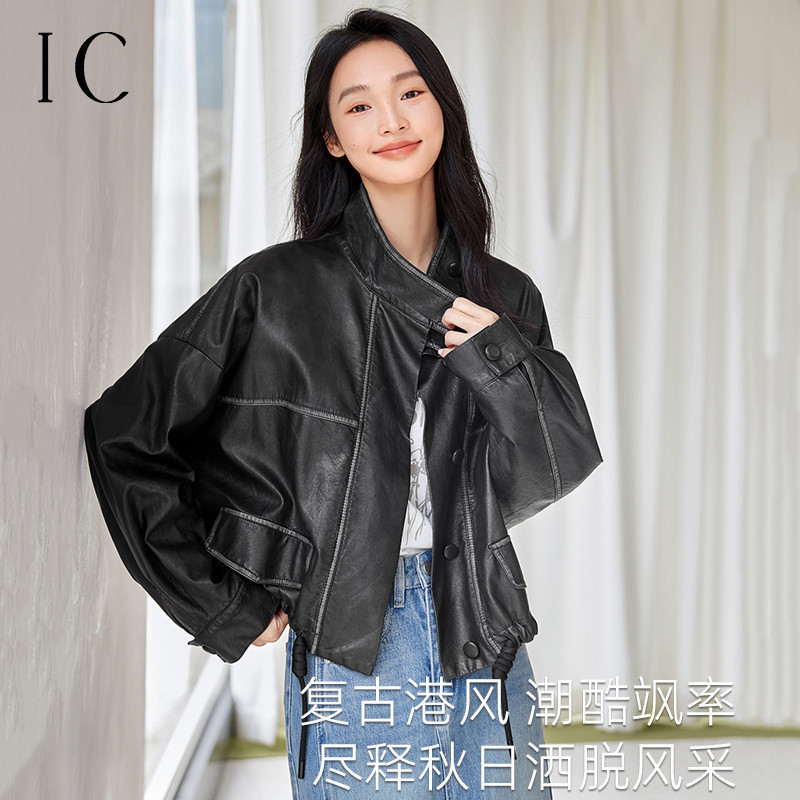 13029901.时尚通勤复古直率利落感皮衣新款港风气质通勤休闲宽松女上衣