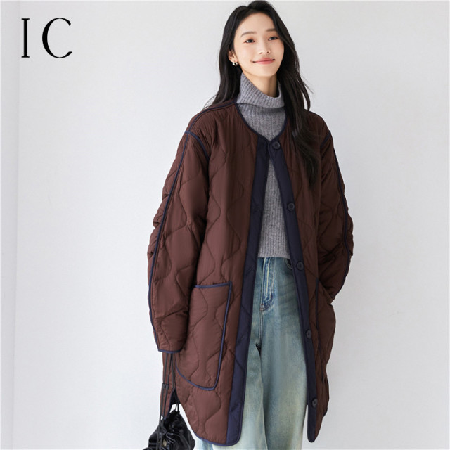 13029911.文艺复古绗缝两面穿棉服外套女2025新款秋冬舒适中长款气质棉衣