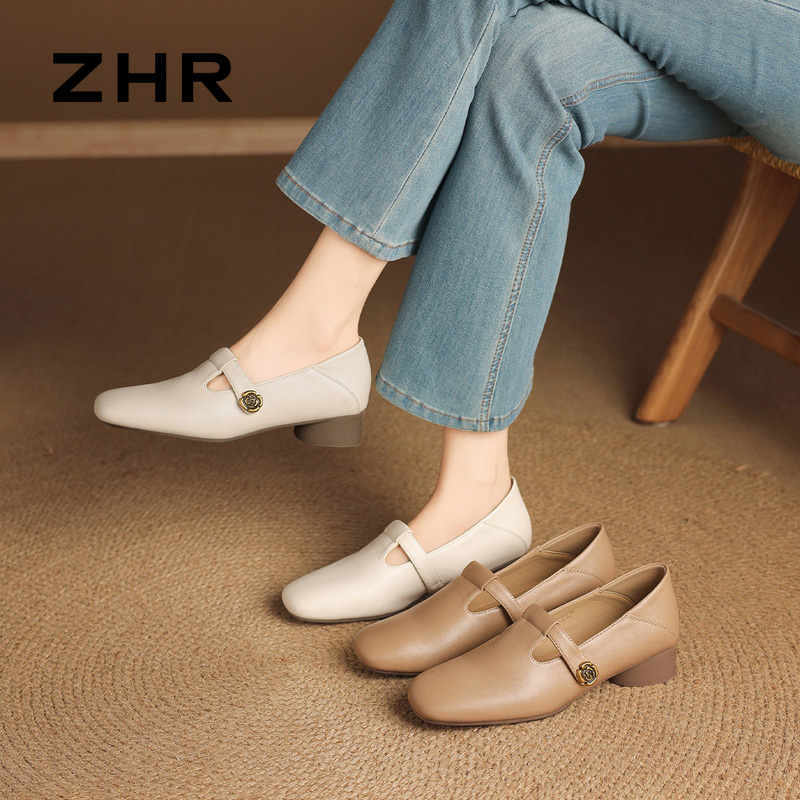 13602628.【ZHR则则】乐福鞋方头魔术贴粗跟女鞋[PU]