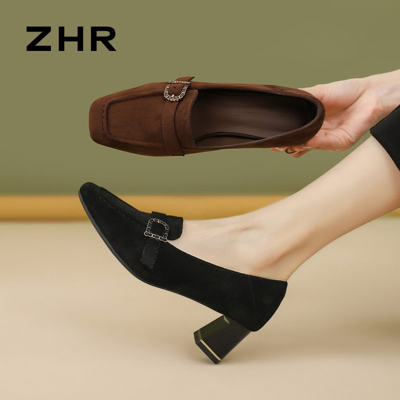 13033624.【ZHR则则】乐福鞋方头套脚粗跟女鞋[绒布]