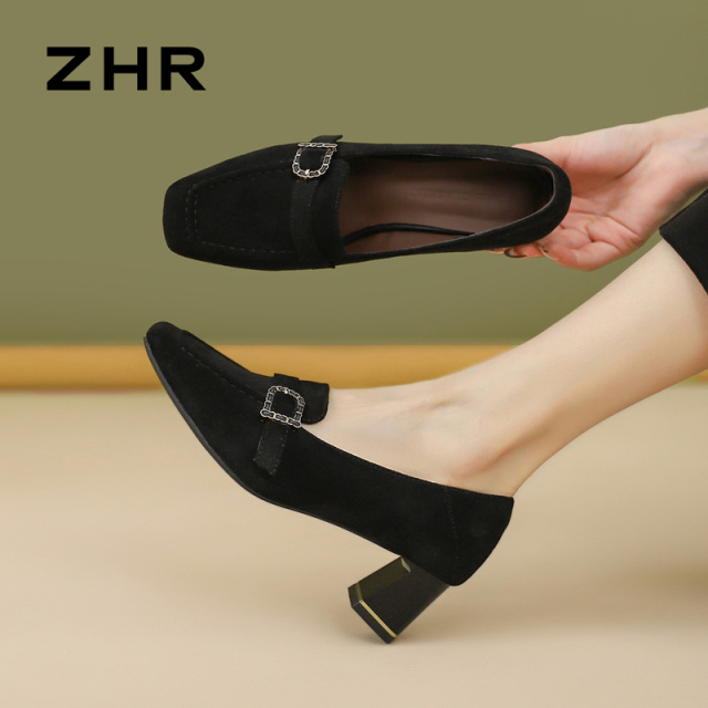 13033624.【ZHR则则】乐福鞋方头套脚粗跟女鞋[绒布]