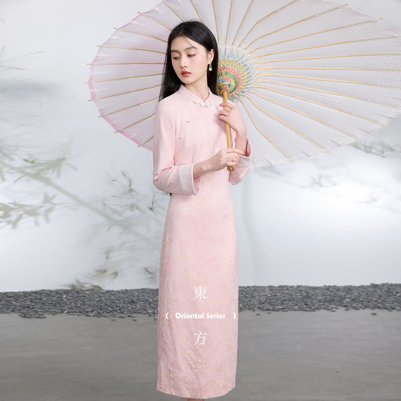 13011863.三彩【春山远黛】2026春季新款立领旗袍连衣裙A字裙九分袖长裙C