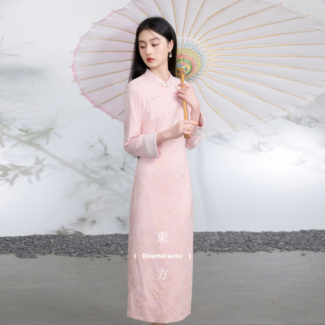 13011863.三彩【春山远黛】2026春季新款立领旗袍连衣裙A字裙九分袖长裙C