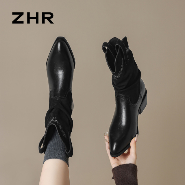 13795392.【ZHR则则】西部靴尖头套脚粗跟女鞋[羊京绒+PU]