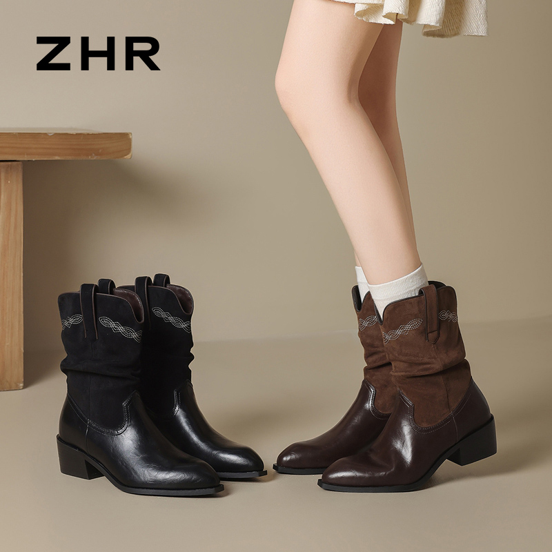 13795392.【ZHR则则】西部靴尖头套脚粗跟女鞋[羊京绒+PU]