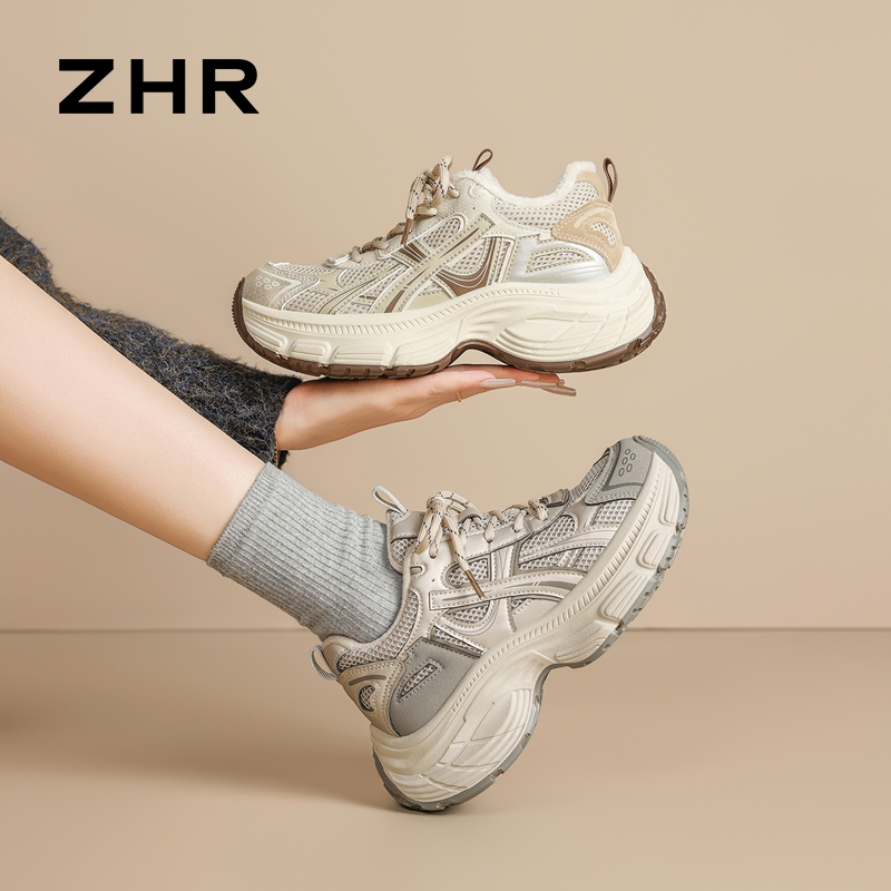 13056032.【ZHR则则】老爹鞋圆头系带厚底女鞋[PU+网布]