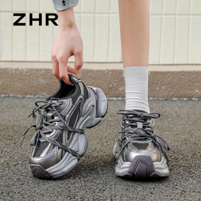 13055863.【ZHR则则】老爹鞋圆头系带厚底女鞋[PU+网布]