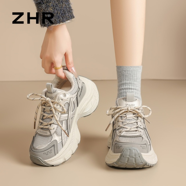 13056032.【ZHR则则】老爹鞋圆头系带厚底女鞋[PU+网布]