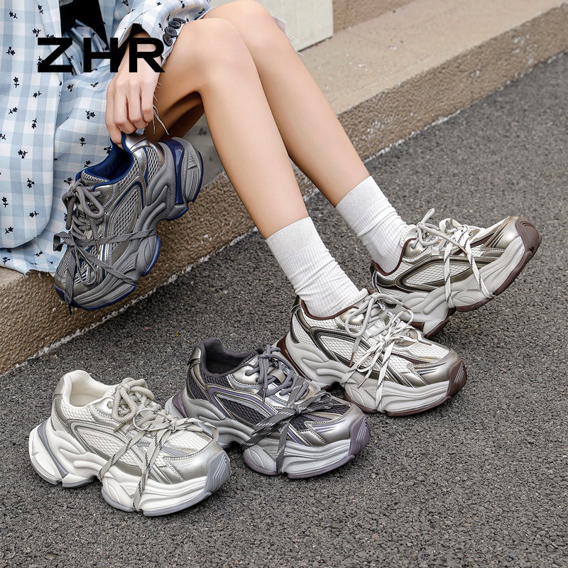 13055863.【ZHR则则】老爹鞋圆头系带厚底女鞋[PU+网布]