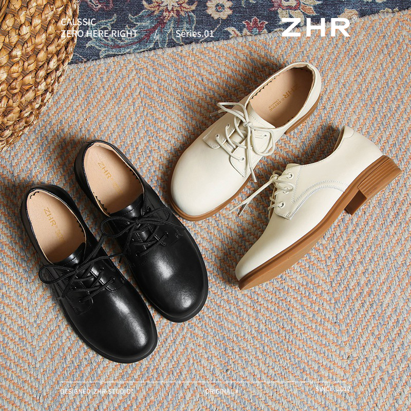 13676841.【ZHR则则】深口单鞋圆头系带摩登圆头女鞋[牛剖层移膜革]