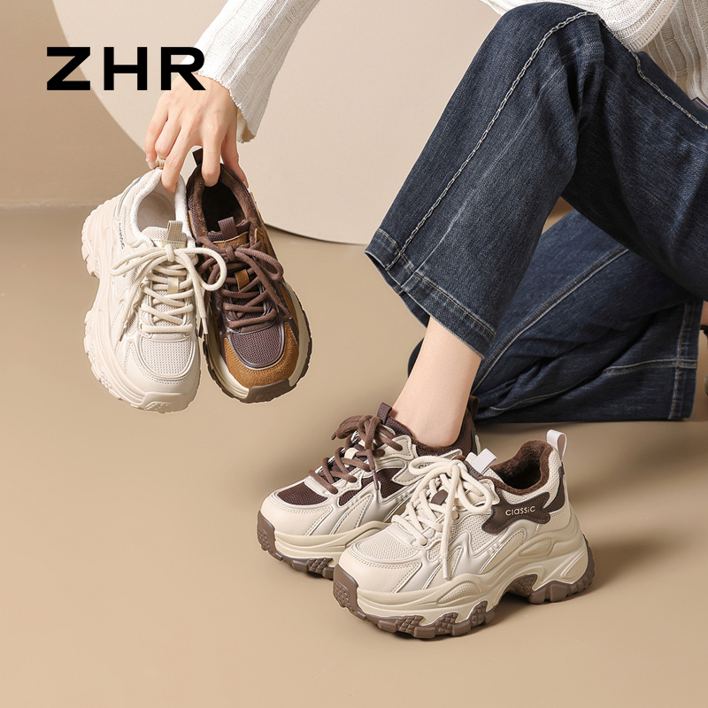 13055811.【ZHR则则】老爹鞋圆头系带厚底女鞋[网布+KPU+PU]