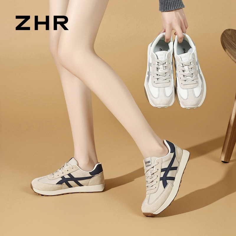 13628807.【ZHR则则】阿甘鞋圆头系带撞色平底女鞋[牛津布+头层猪皮+PU]