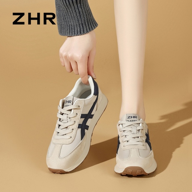 13628807.【ZHR则则】阿甘鞋圆头系带撞色平底女鞋[牛津布+头层猪皮+PU]