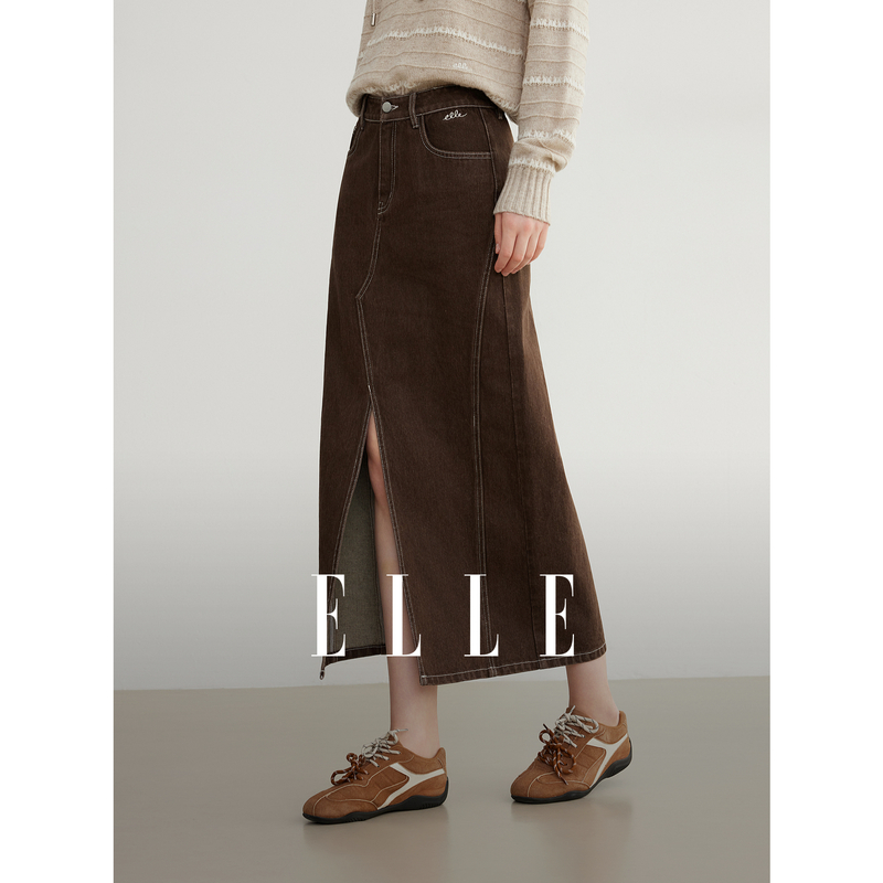 13065841.ELLE中腰牛仔女式直筒裙摩登通勤风开衩设计半裙女