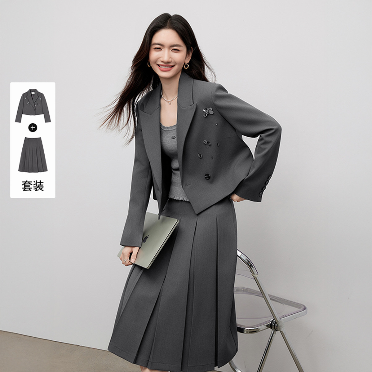 13080087.2026春装老钱风西服套装女西装百褶半身裙通勤两件套