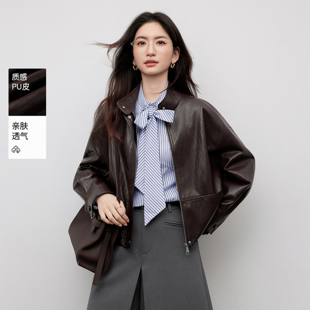13079552.2026春装美拉德短款皮衣外套女酷飒风机车pu立领宽松夹克