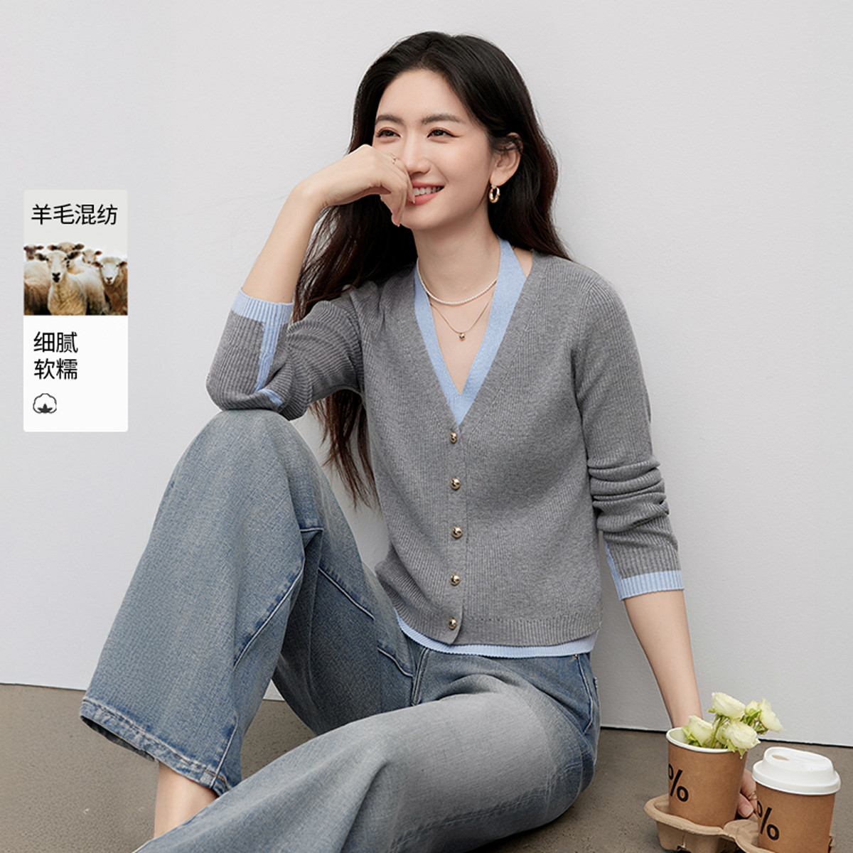 13080075.2026春装假两件v领针织衫女玫瑰可露丽拼接薄款毛衣