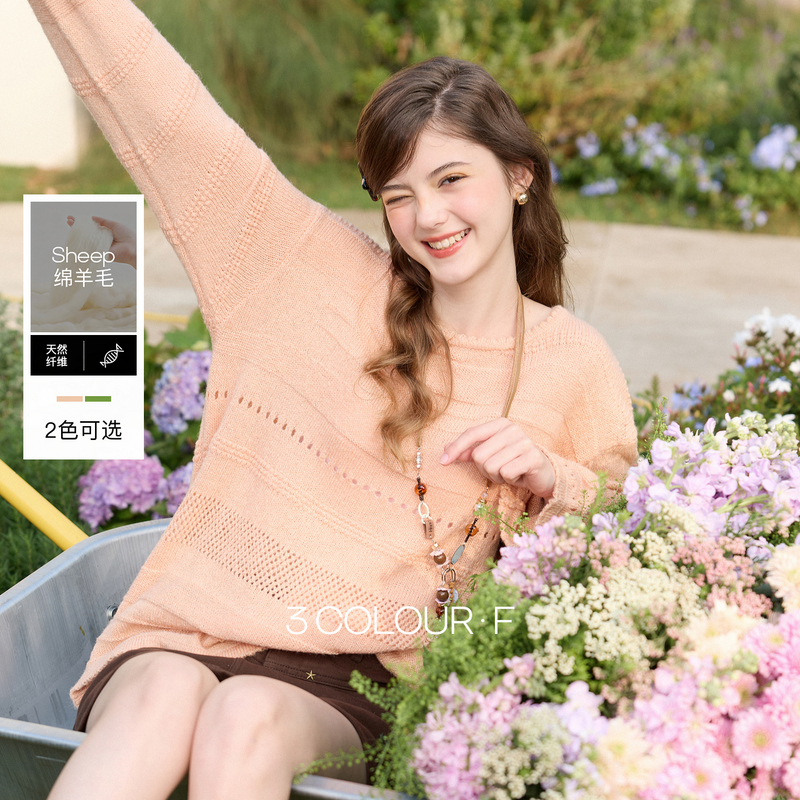 13068593.三彩独醒2026春季新款镂空提花针织衫圆领毛衫宽松长袖套头罩衫F