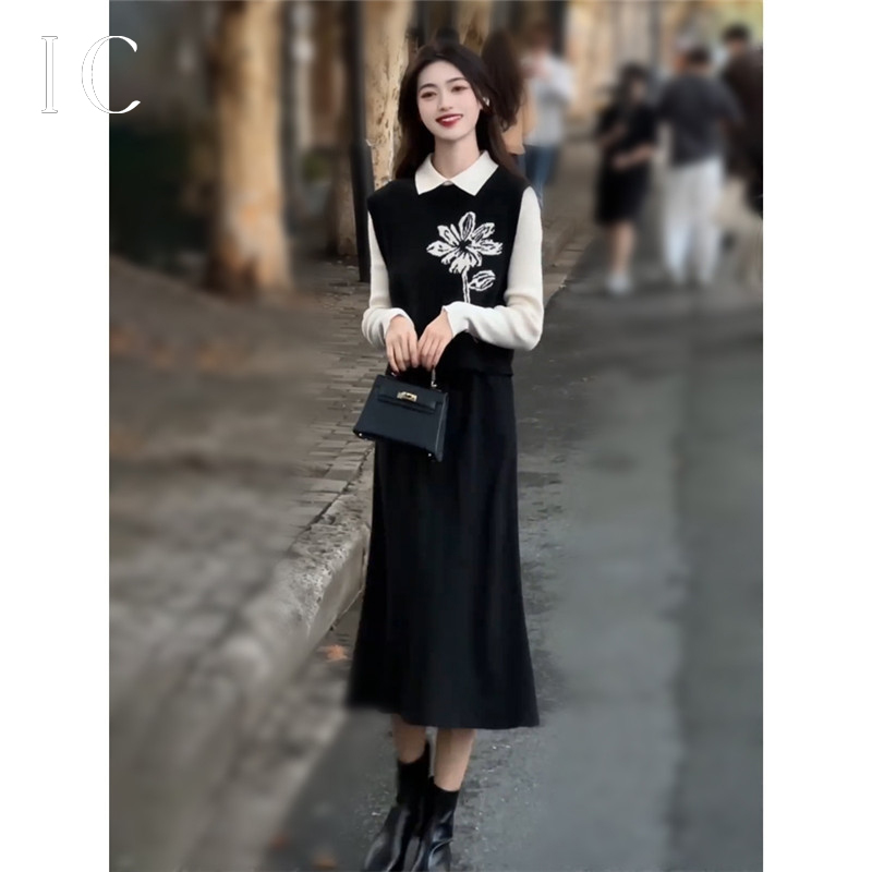 13082213.简约印花马甲学院风显瘦连衣裙