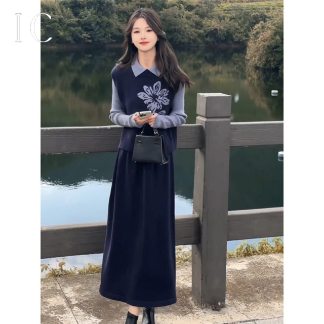 13082213.简约印花马甲学院风显瘦连衣裙