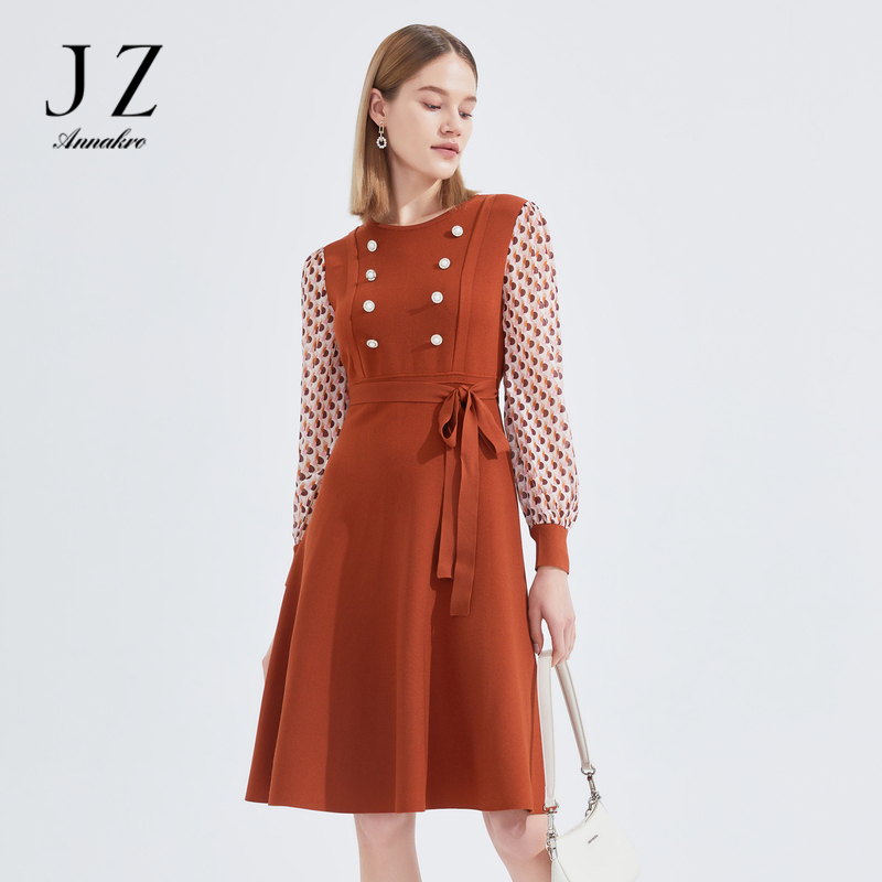 13091451.JZ玖姿小众几何雪纺裙子女装春季新款假两件针织连衣裙