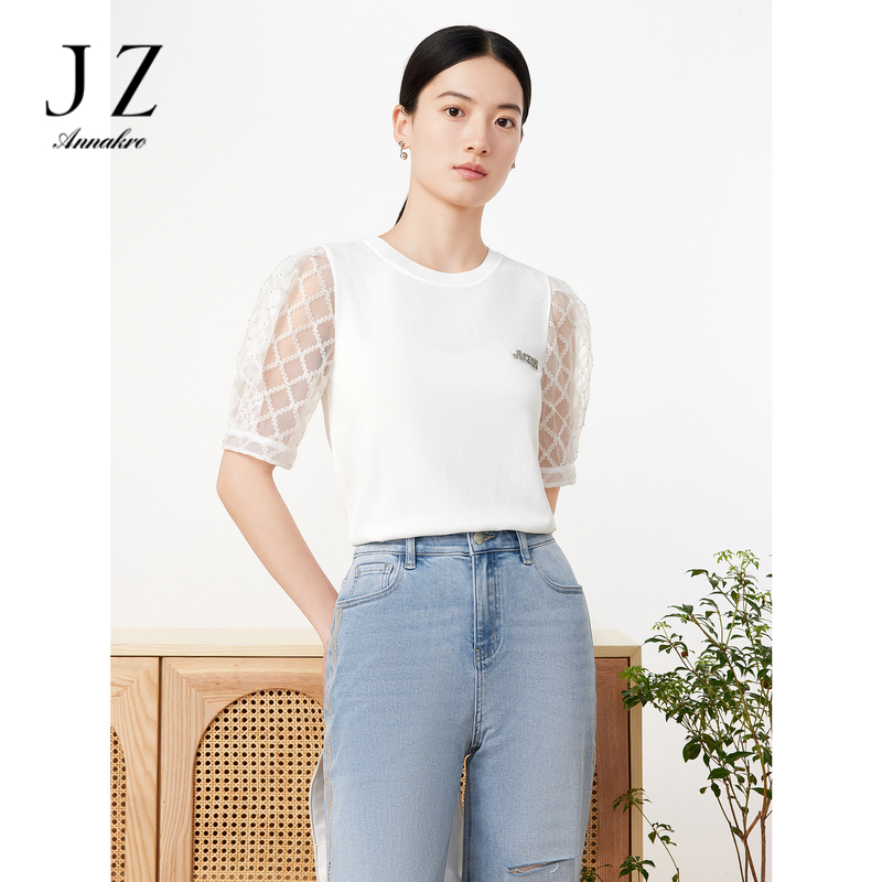 13092536.【凉感冰丝】JZ玖姿洋气轻熟风蕾丝短t恤打底针织女夏季新款