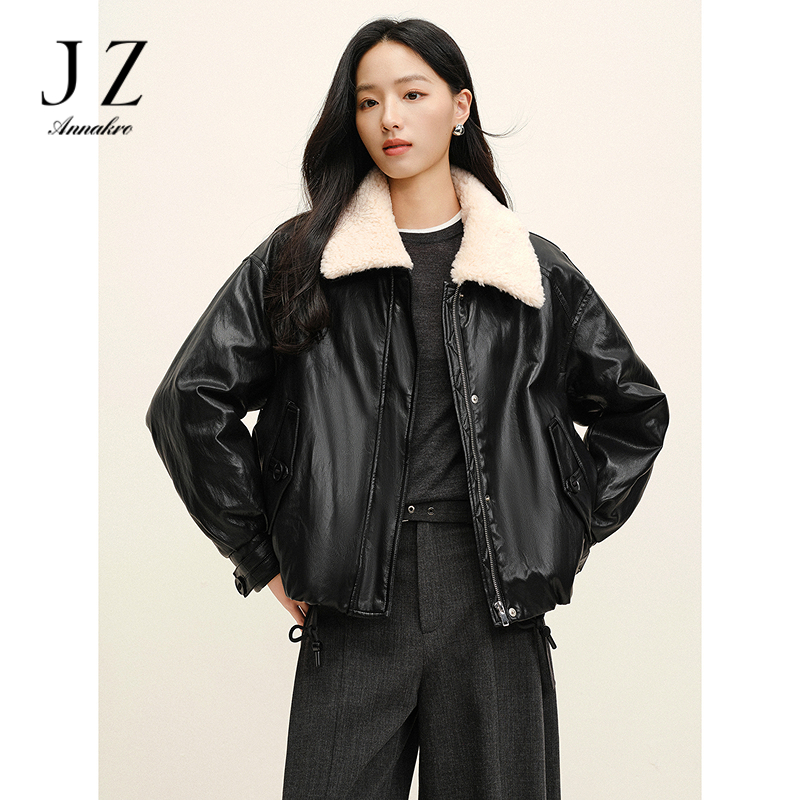13091906.JUZUI玖姿巴恩风可拆卸毛领短款鹅绒羽绒服女2025冬新款JTFD03315