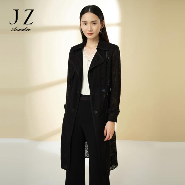 13092190.JZ玖姿优雅蕾丝风衣女装春季新款设计感休闲外套黑色
