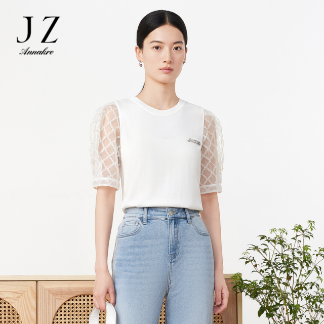 13092536.【凉感冰丝】JZ玖姿洋气轻熟风蕾丝短t恤打底针织女夏季新款