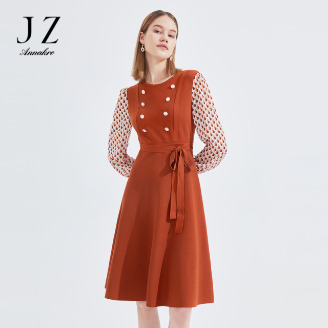 13091451.JZ玖姿小众几何雪纺裙子女装春季新款假两件针织连衣裙