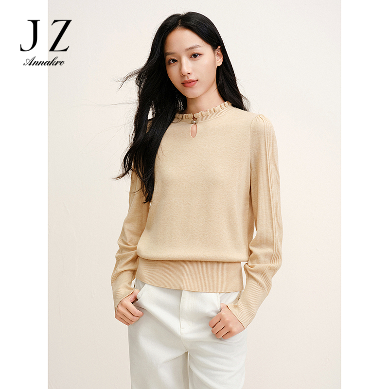 13092557.JUZUI玖姿优雅木耳领水滴镂空绵羊毛毛衫女2025冬季新款JTFD31002