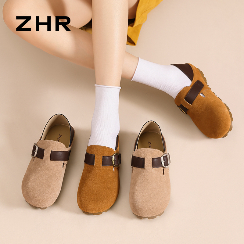 13101150.【ZHR则则】勃肯鞋圆头魔术贴平底女鞋[牛剖层绒面革+超纤]