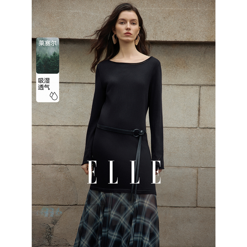13100083.ELLE一字领连衣裙优雅通勤风格纹拼接编织腰带设计