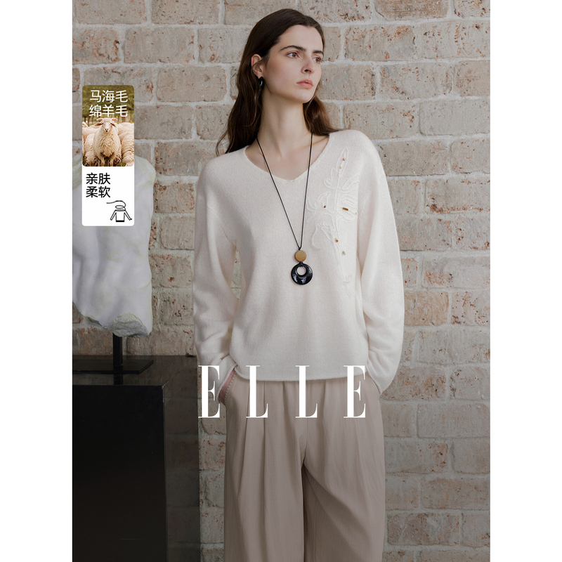 13100596.ELLE【商场同款】V领针织衫慵懒松弛立体盘线绣花