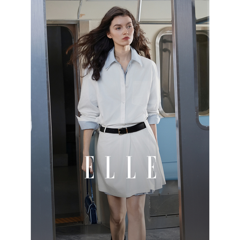 13100090.ELLE翻领纯棉衬衫连衣裙优雅通勤风不对称压褶短裙