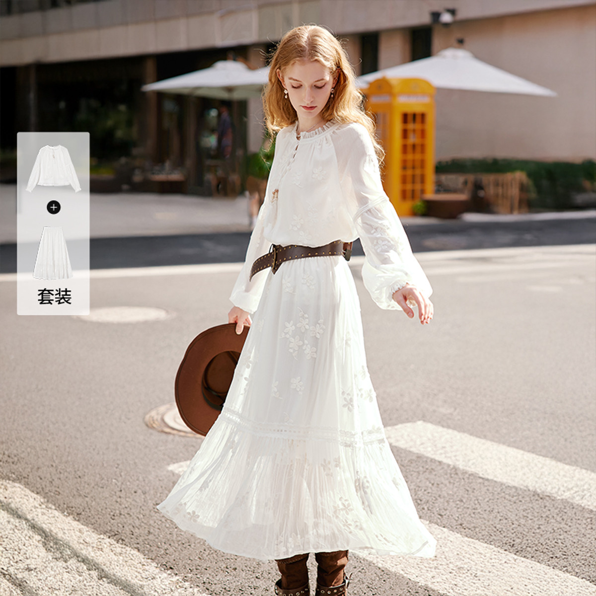 13110961.2026春装刺绣套装裙女雪纺上衣半裙艺术生一整套穿搭